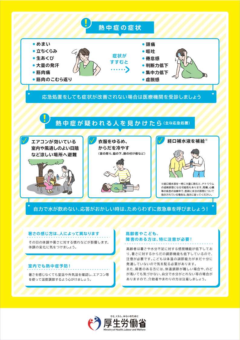 啓発資料2。熱中症の症状はつぎのとおりです。めまい、立ちくらみ、生あくび、大量の発汗、筋肉痛、筋肉のこむら返り。症状が進むと次のようなことが起こります。頭痛、嘔吐、倦怠感、判断力低下、集中力低下、虚脱感。応急処置をしても症状が改善されない場合は医療機関を受診しましょう。熱中症が疑われる人を見かけたら次のように主な応急処置を行ってください。まずはエアコンが効いている室内や風通しのよい日陰など涼しい場所へ避難。衣服をゆるめ、首の周りや脇の下、脚の付け根などからだを冷やす。経口補水液を補給。経口補水液を一時に大量に飲むとナトリウムの過剰摂取になる可能性もあります。腎臓、心臓等の疾患の治療龍で医師に水分の摂取について指示されてる場合は指示に従ってください。もし自力で水が飲めない、応答がおかしい時はためらわずに救急車を呼びましょう。暑さの感じ方は人によって異なります。その日の体調や暑さに対する慣れなどが影響します。体調の変化に気をつけましょう。室内でも熱中症予防しましょう。暑さを感じなくても室温や外気温を確認し、エアコン等を使って温度調節するよう心がけましょう。高齢者やこども、障がいのある方は特に注意が必要です。高齢者は暑さや水分不足に対する感覚機能が低下しており暑さに対するからだの調節機能も低下しているので注意が必要です。こどもは体温の調節能力がまだ十分に発達していないので気を配る必要があります。また障がいのある方には、体温調節が難しい場合や、のどが渇いても気づかない、自分で水分がとれない等の場合がありますので介助者やまわりの方は注意しましょう。