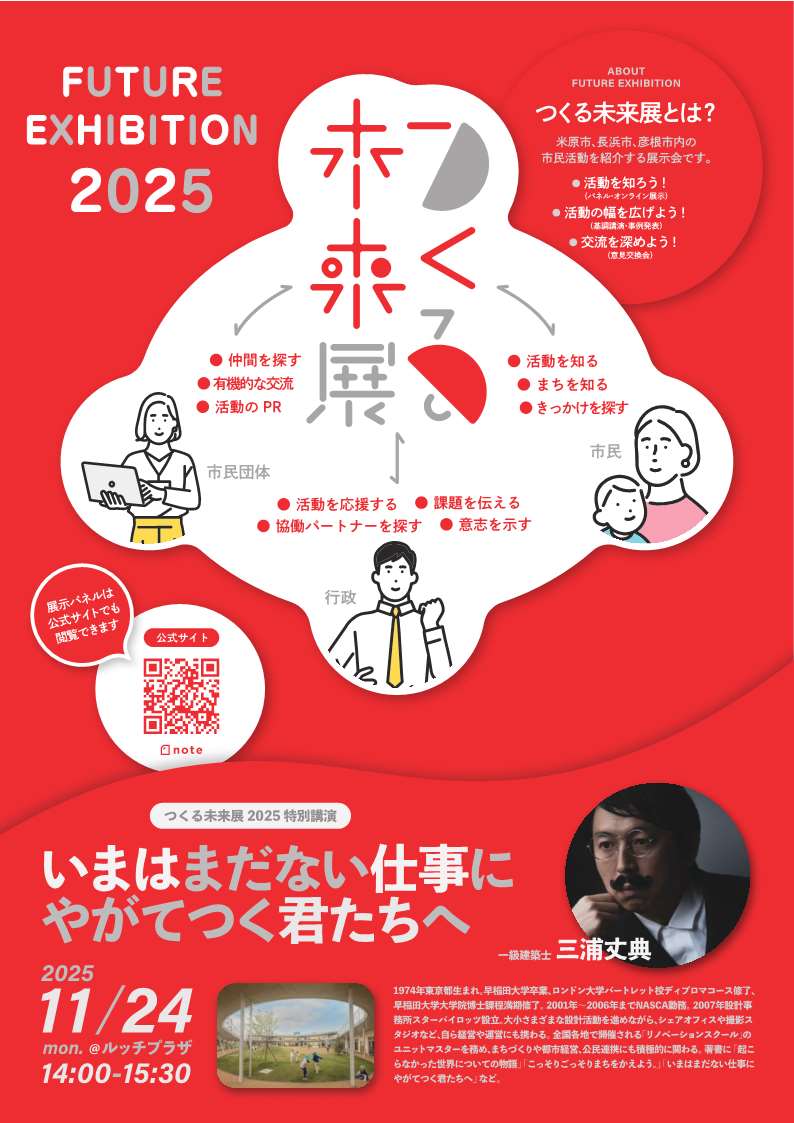 つくる未来展のチラシ画像の裏面。つくる未来展とは、米原市、長浜市、彦根市内の市民活動を紹介する展示です。活動を知ろう!パネル・オンライン展示、活動の幅を広げよう!基礎講演・事例発表、交流を深めよう!意見交換会があります。2025年11月24日月曜日にルッチプラザで、つくる未来展2025特別講演 いまはまだない仕事にやがてつく君たちへを開催します。講師は一級建築士のみうらさんです。