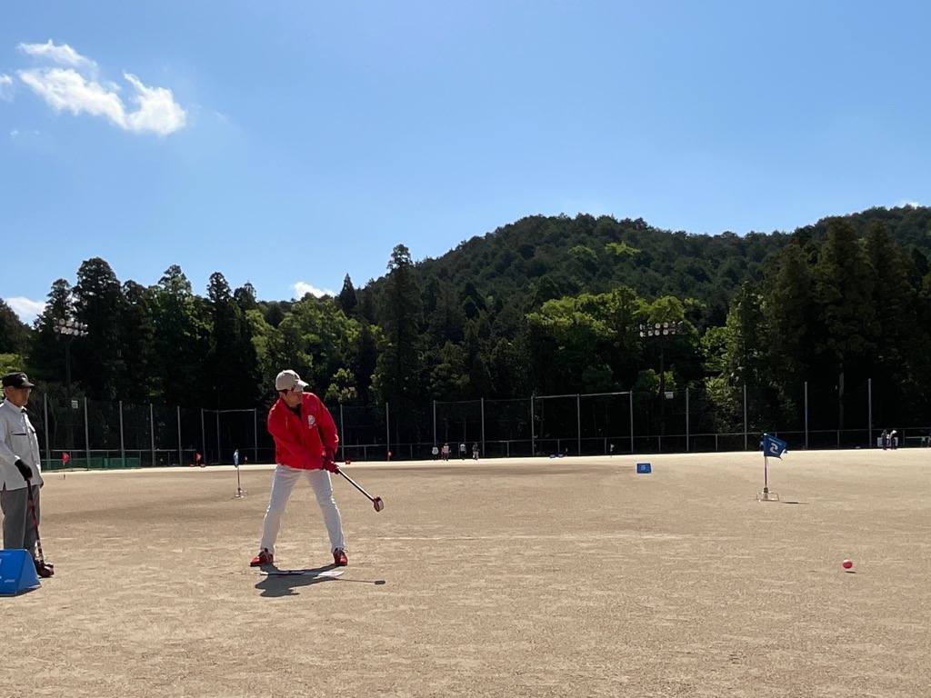 スティックを振りかざしてボールを飛ばしているようす