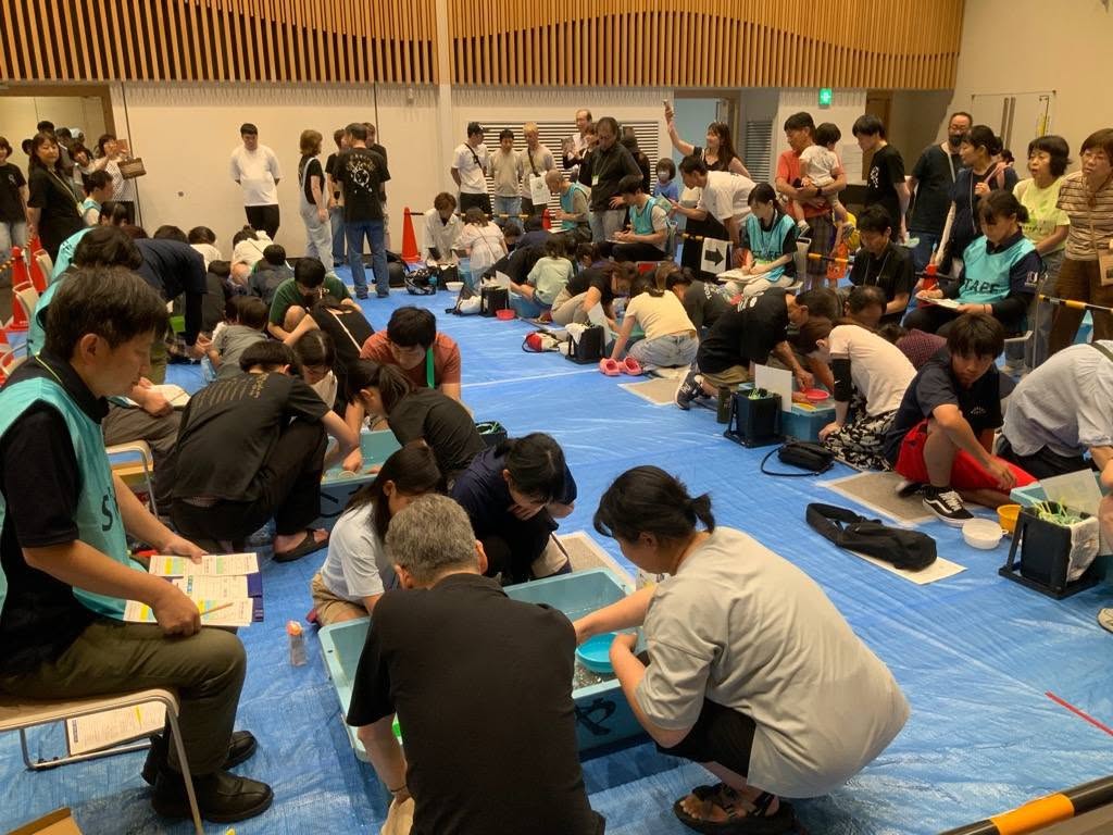 大勢の参加者たちが金魚すくいをおこなっているようす。