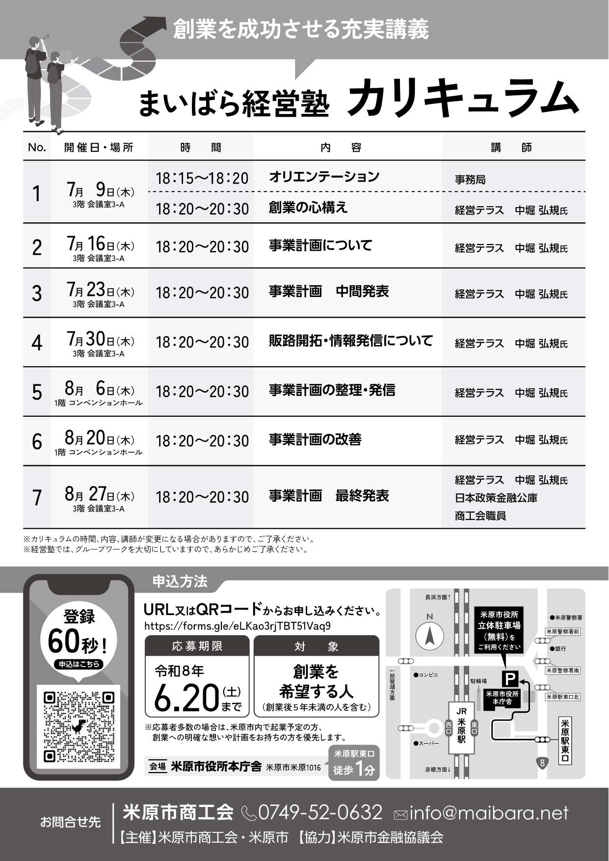 創業を成功させる充実講義まいばら経営塾カリキュラムが書かれてる画像。場所、日時、内容については次の文章にあります。