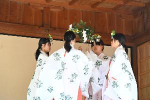神社で巫女が奉納する様子
