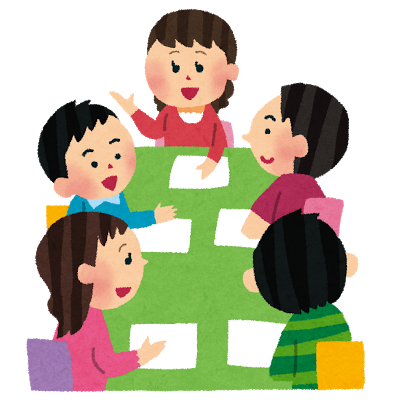 2人の女性と3人の男性で話し合いをしているようすのイラスト