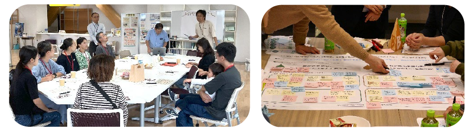 左画像は、テーブルを囲んで、まちの未来について話し合う参加者のみなさん。右画像は、模造紙に付箋でアイデアを書き出すワークショップの様子