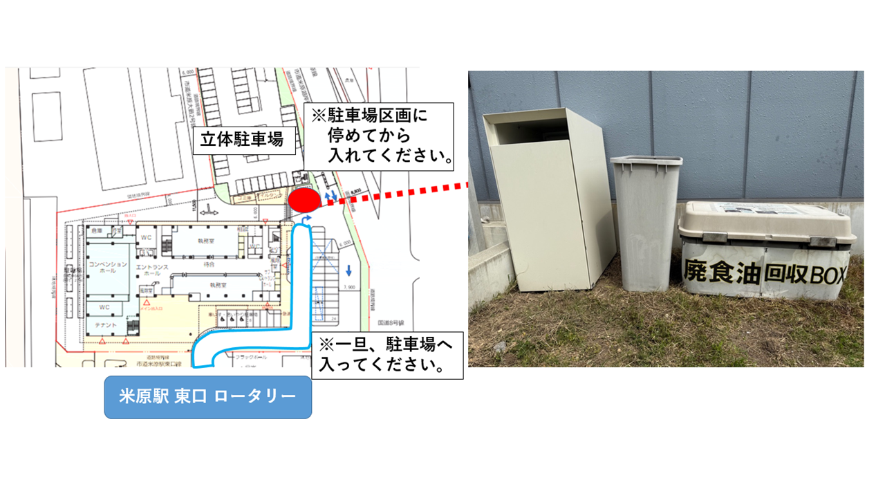 本庁舎の廃食油設置場所が設置されている地図。説明文は次のとおりです。米原駅東口ロータリーから一旦駐車場に入ってください。駐車場区間に停めてから入れてください。回収ボックスは立体駐車場前に設置されています。