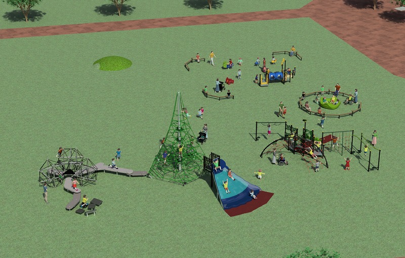 公園案Cのイメージ画像。複合遊具、築山、インクルーシブ遊具が設置されている。