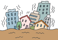 地震で家やビルが揺れているイラスト