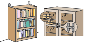L字金具で固定している本棚のイラスト、食器が落ちないようにカギがかけられる食器棚のイラスト