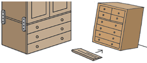 家具に金具をつけ固定しているイラスト、家具の下に板を敷くイラスト
