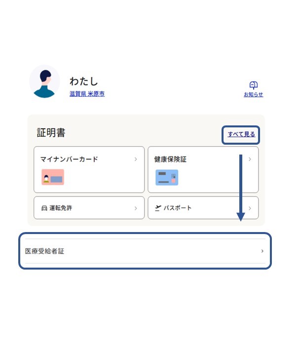 マイナポータルのトップ画面。自分のアイコンと氏名があり、その下には証明書一覧のアイコンが表示されている。画像内にはマイナンバーカード、健康保険証、運転免許、パスポートがある。そのほかに関してはスクロールで確認できる。