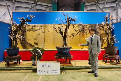 鴨の里盆梅展を視察する角田市長の写真