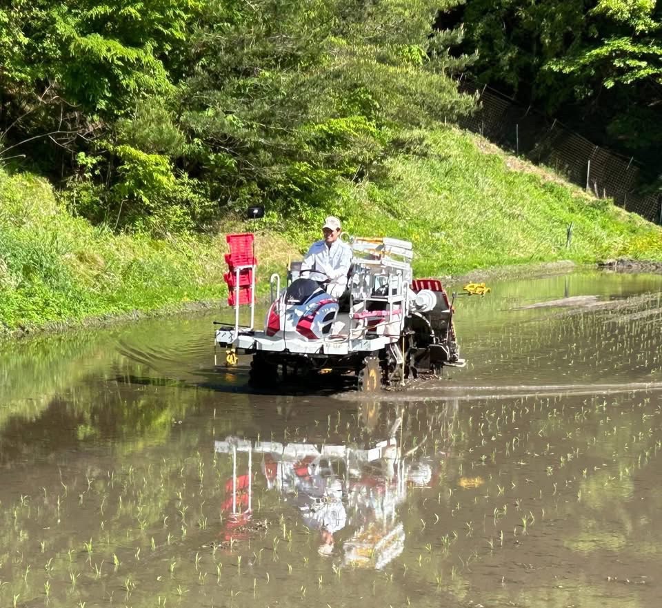 田植えで田植え機に乗って操縦している写真