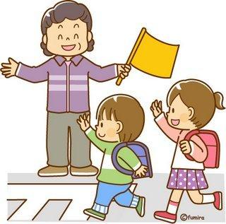 大人に見守られながら横断歩道をわたる2人の子どものイラスト