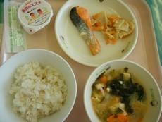 麦ごはん、豆腐の味噌汁、鮭の塩焼き、レンコンサラダ、牛乳、焼き芋プリンの画像