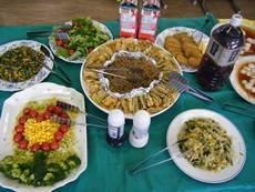 緑のテーブルクロスに並べられた料理の写真