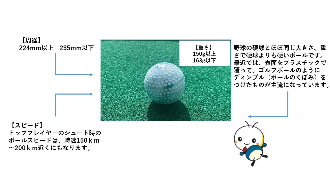 ボールの周径は、224ミリメートル以上で235ミリメートル以下です。重さは150グラム以上で163グラム以下です。スピードはトッププレイヤーのシュート時のボールスピードは、時速150キロメートルから200キロメートル近くにもなります。野球の硬球とほぼ同じ大きさ、重さで硬球よりも硬いボールです。最近では、表面をプラスチックで覆ってゴルフボールのようにディンプル(ボールのくぼみ)をつけたものが主流になっています。