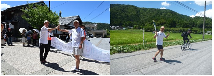 スライド画像 左の写真、炬火トーチを笑顔で受け渡しする男性の写真。右の写真、炬火トーチを持って笑顔で走る男性の写真。