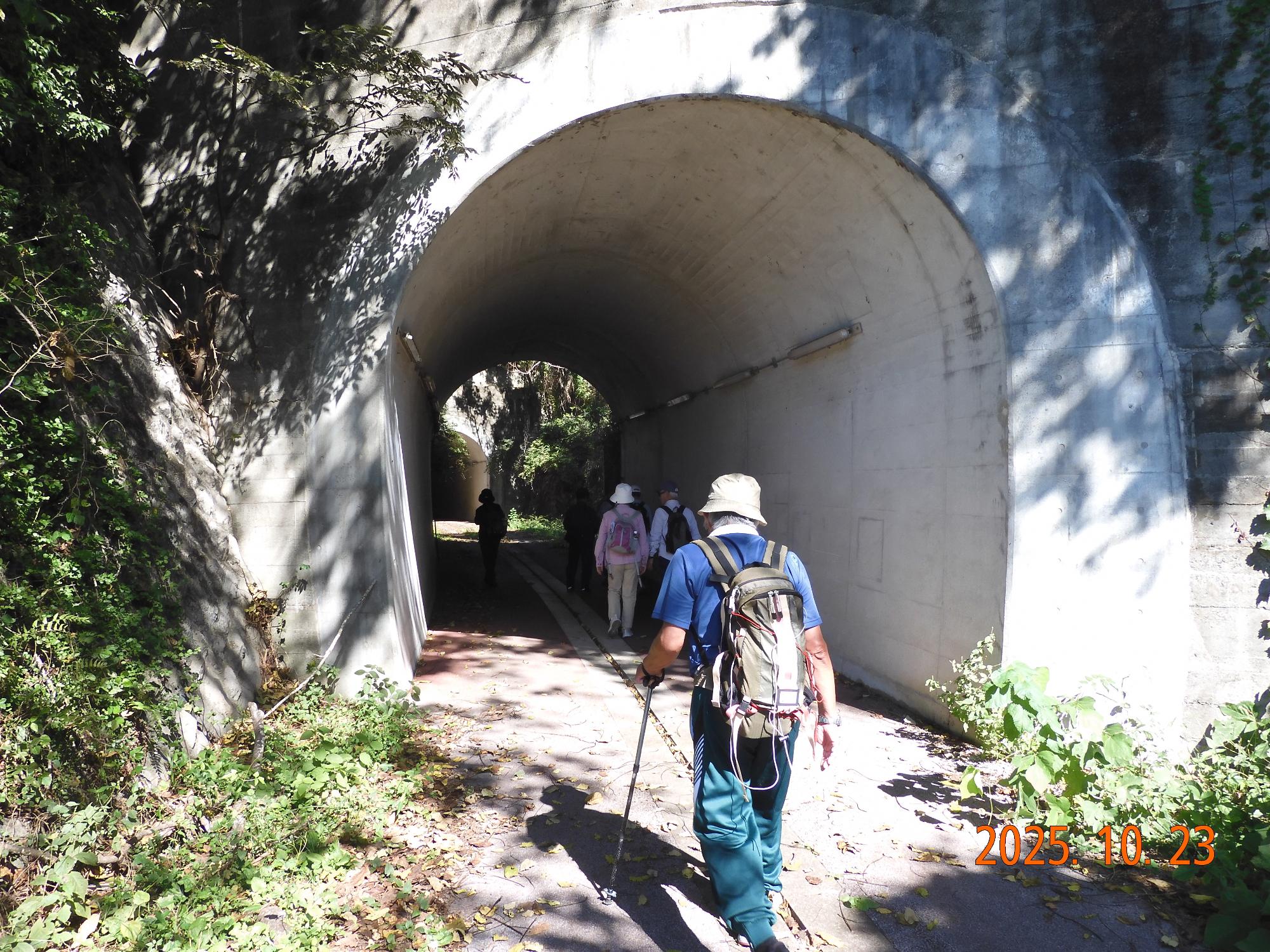 参加者がせんろ道のトンネルを歩く様子の写真